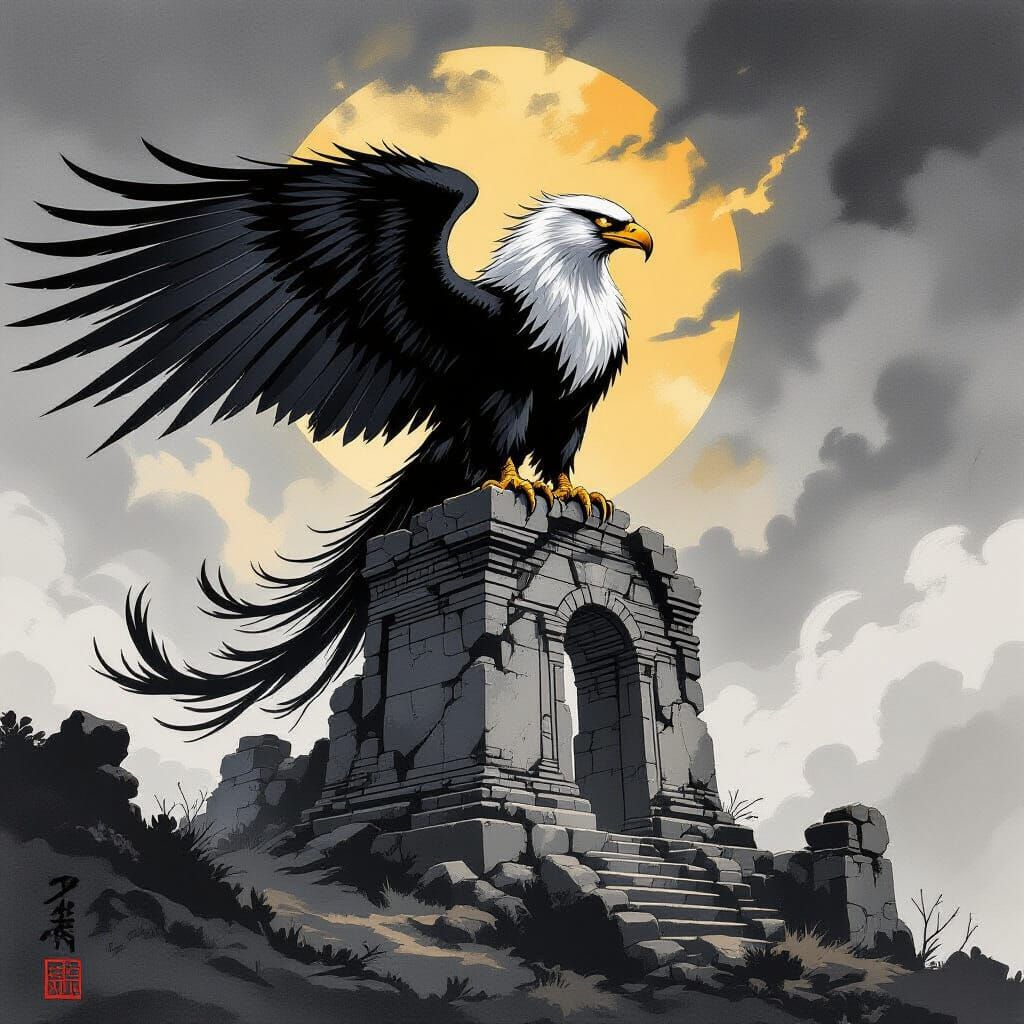 Majestic Griffin on Ancient Ruins in Ink Wash Style