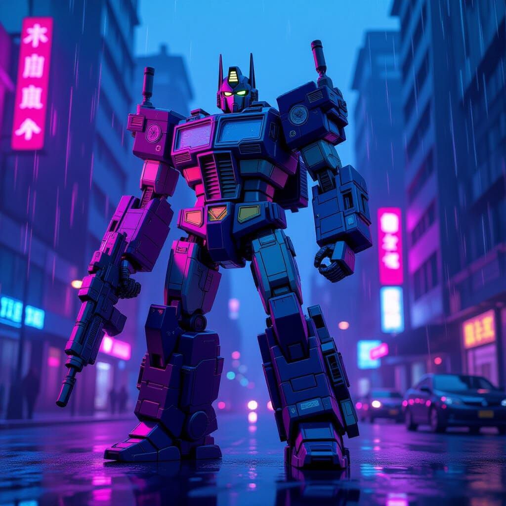 Cybernetic Optimus Prime in Neon Cyberpunk City