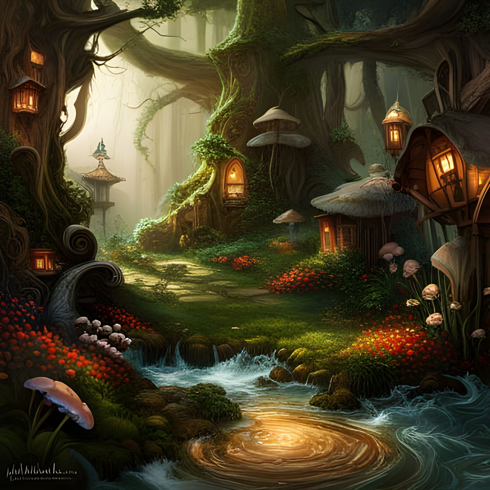Enchanted Forest Path with Fairies and Mushrooms
