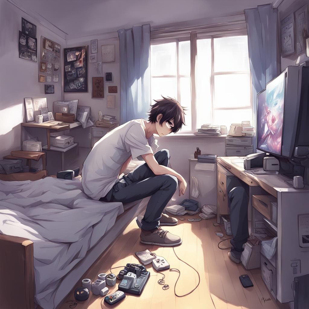 Depressed Gamer in Anime Style