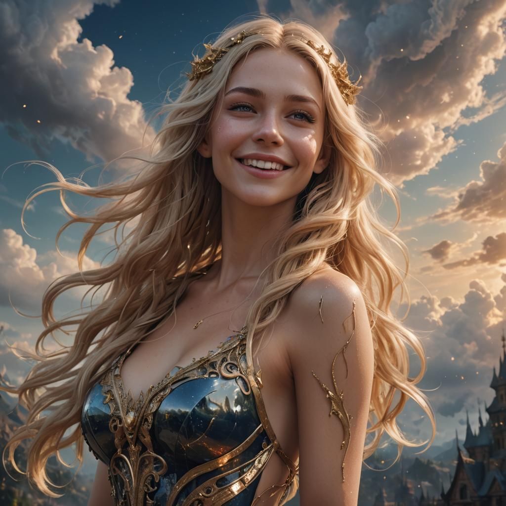 Translucent Blonde Woman Gazing Skyward: Fantasy Art