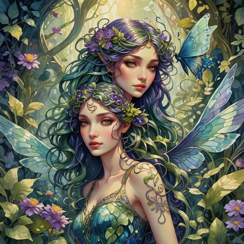 Fairy and Medusa in Lush Garden, Art Nouveau