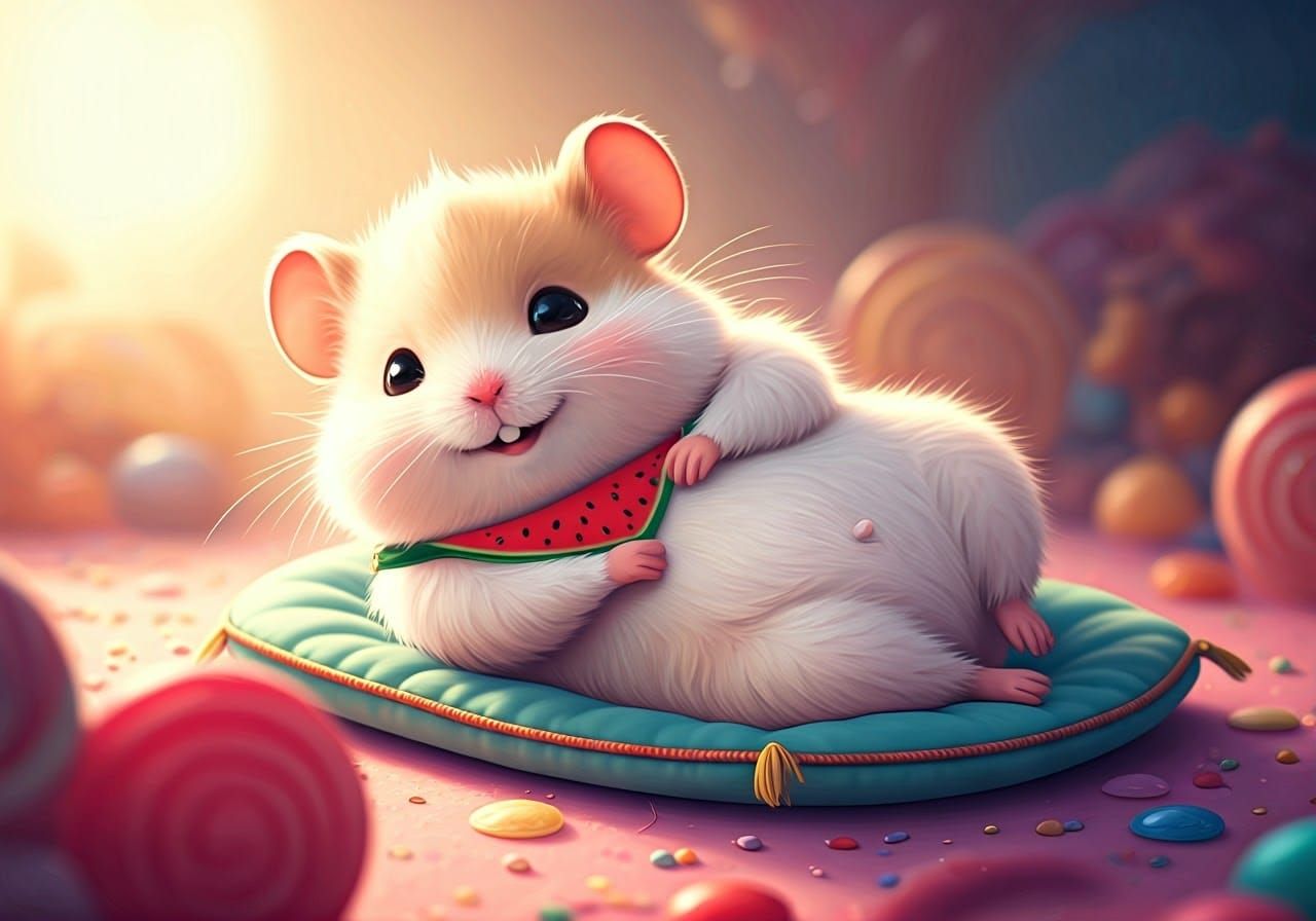 Cartoon Hamster's Blissful Nap in Candy Wonderland