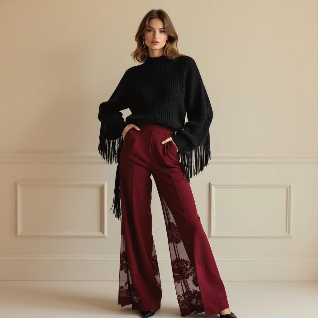 1970s Vogue Fashion Editorial: Model in Fringe Sweater & Lac...