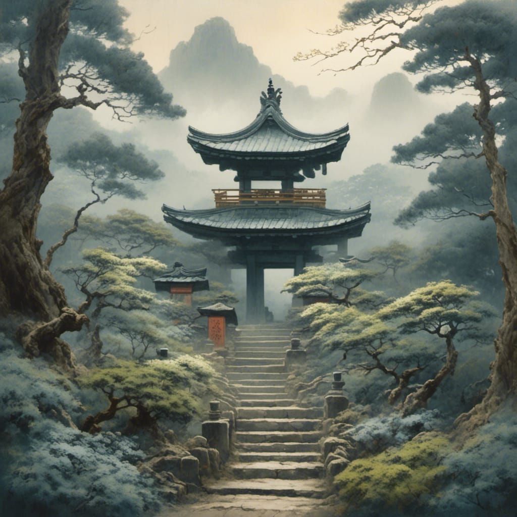 Japanese Shrine on Misty Mountain in Ukiyo-e Style