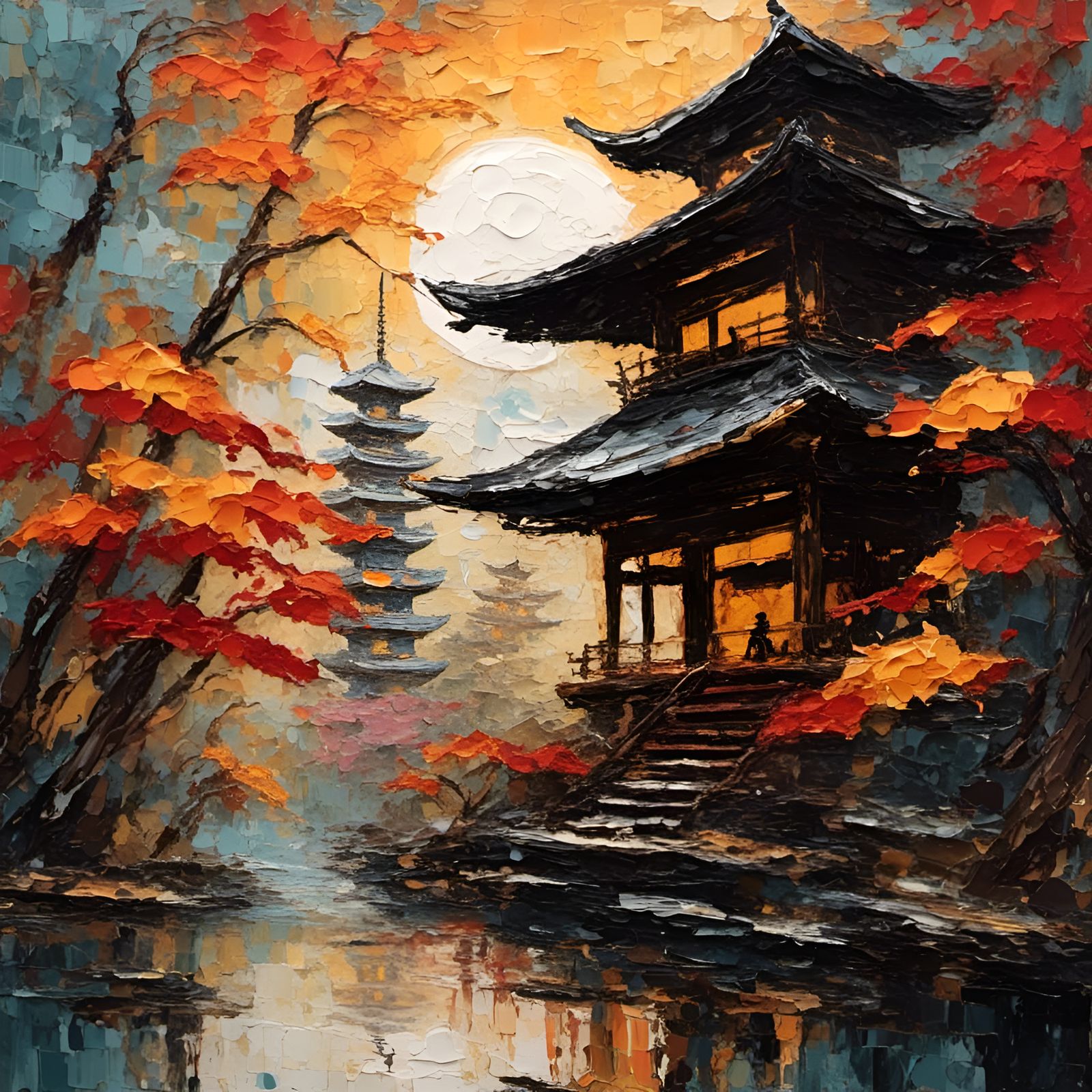 Ronin Samurai at Pagoda in Impasto Style