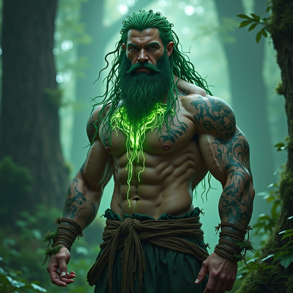 Bioluminescent Braided Druid in Surreal Forest