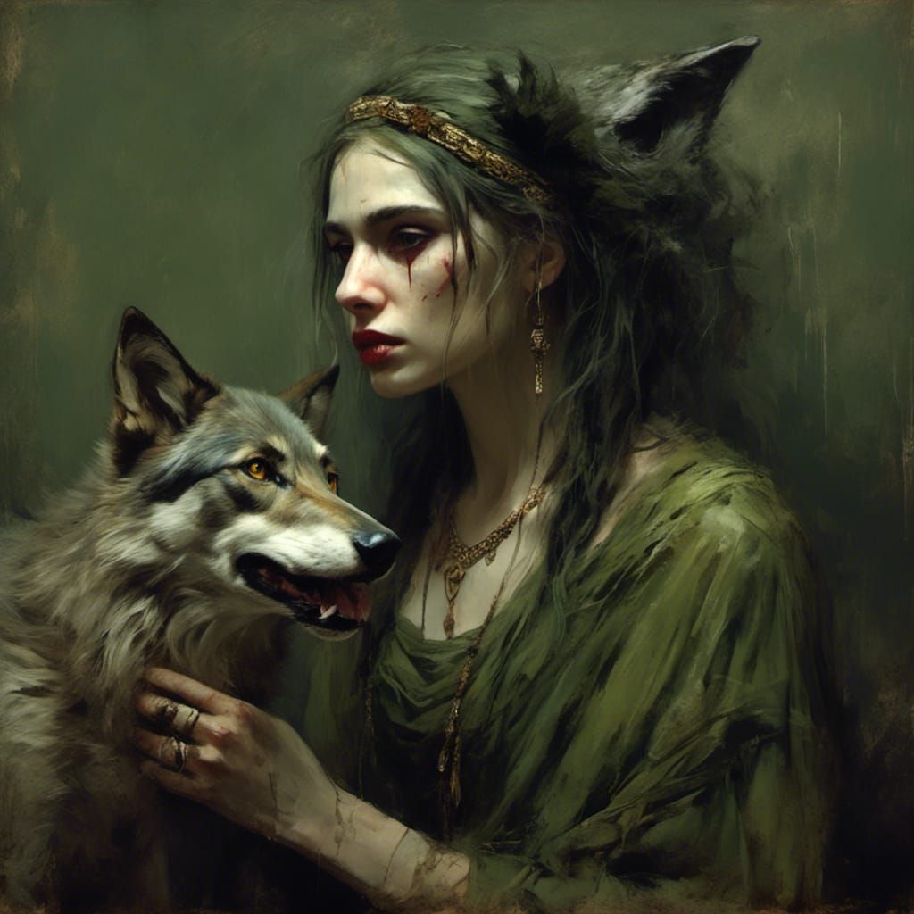 Alternative Girl with Wolf in Macabre Horror Style