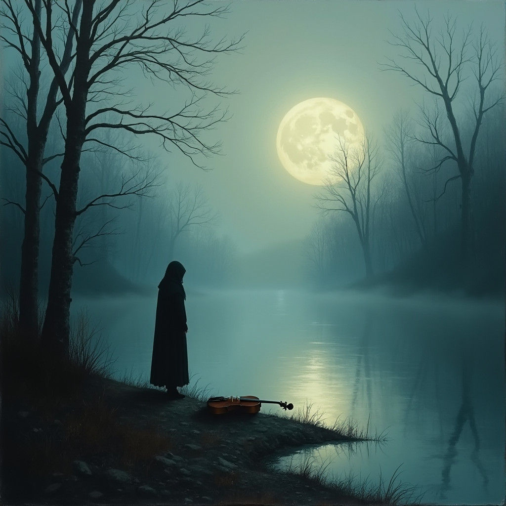 Melancholy Figure by Moonlit Lake in Dreamlike Style