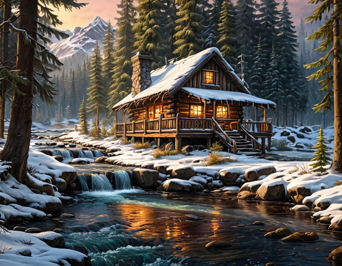 Winter Cabin Scene with Coniferous Trees