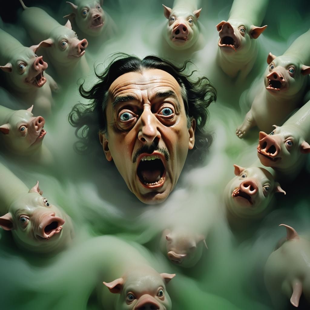 Surrealist Figure Falls into Pig Snout Abyss