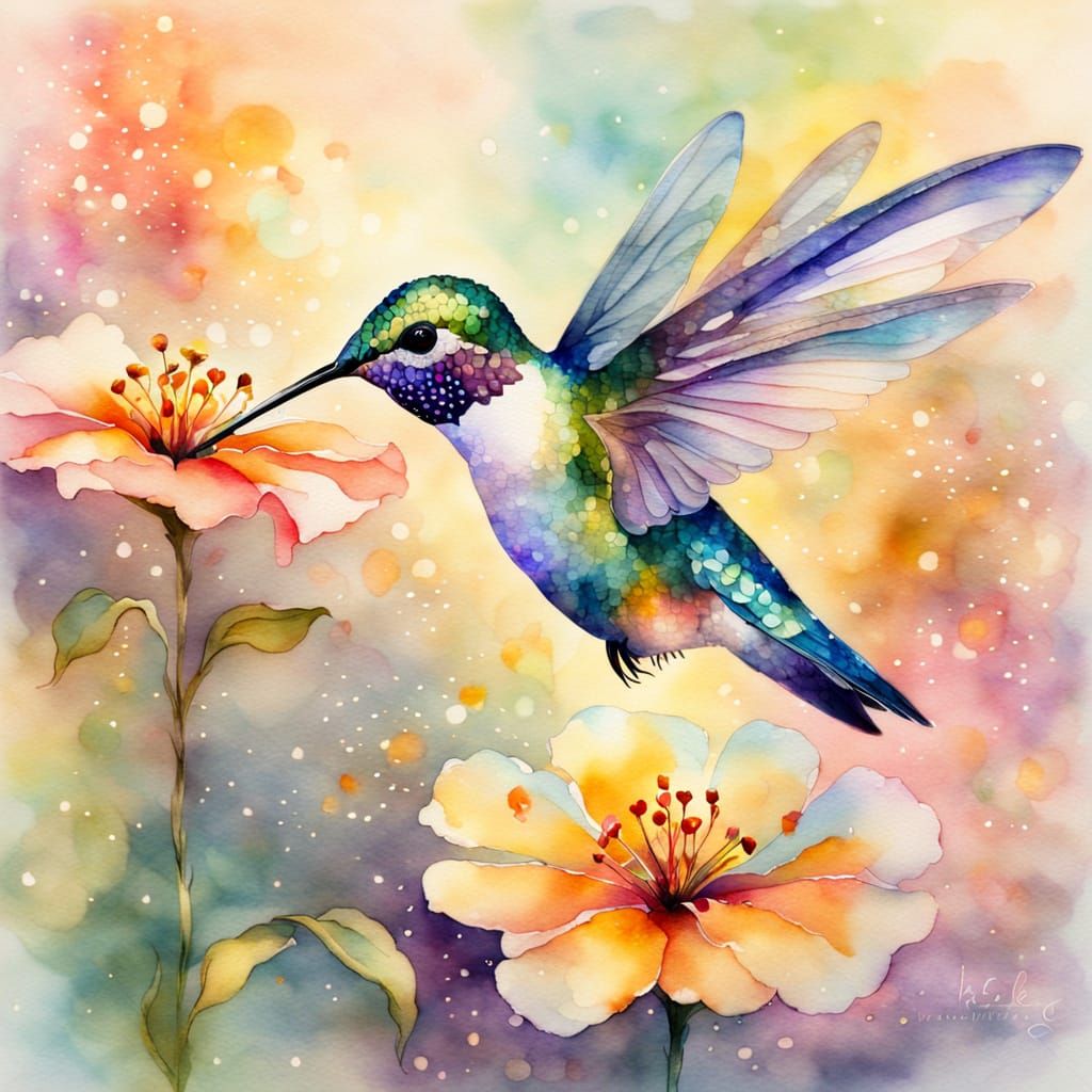 Hummingbird and Flower in Watercolor Style