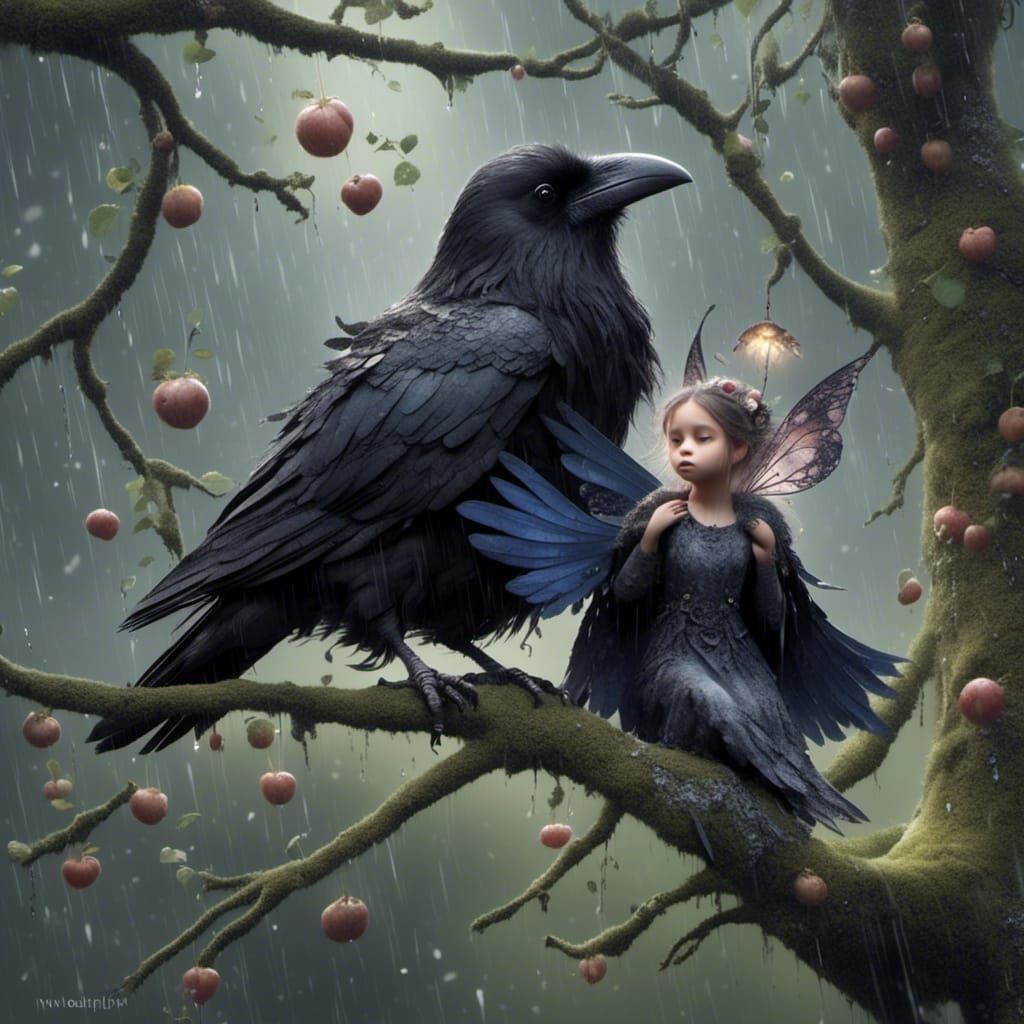 Fairy Sheltering Under Raven Wing in Rain