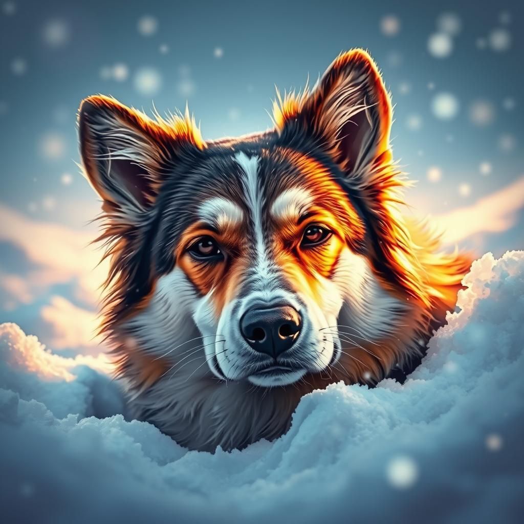 Hyperrealistic Dog Purring in Snow, Splash Art