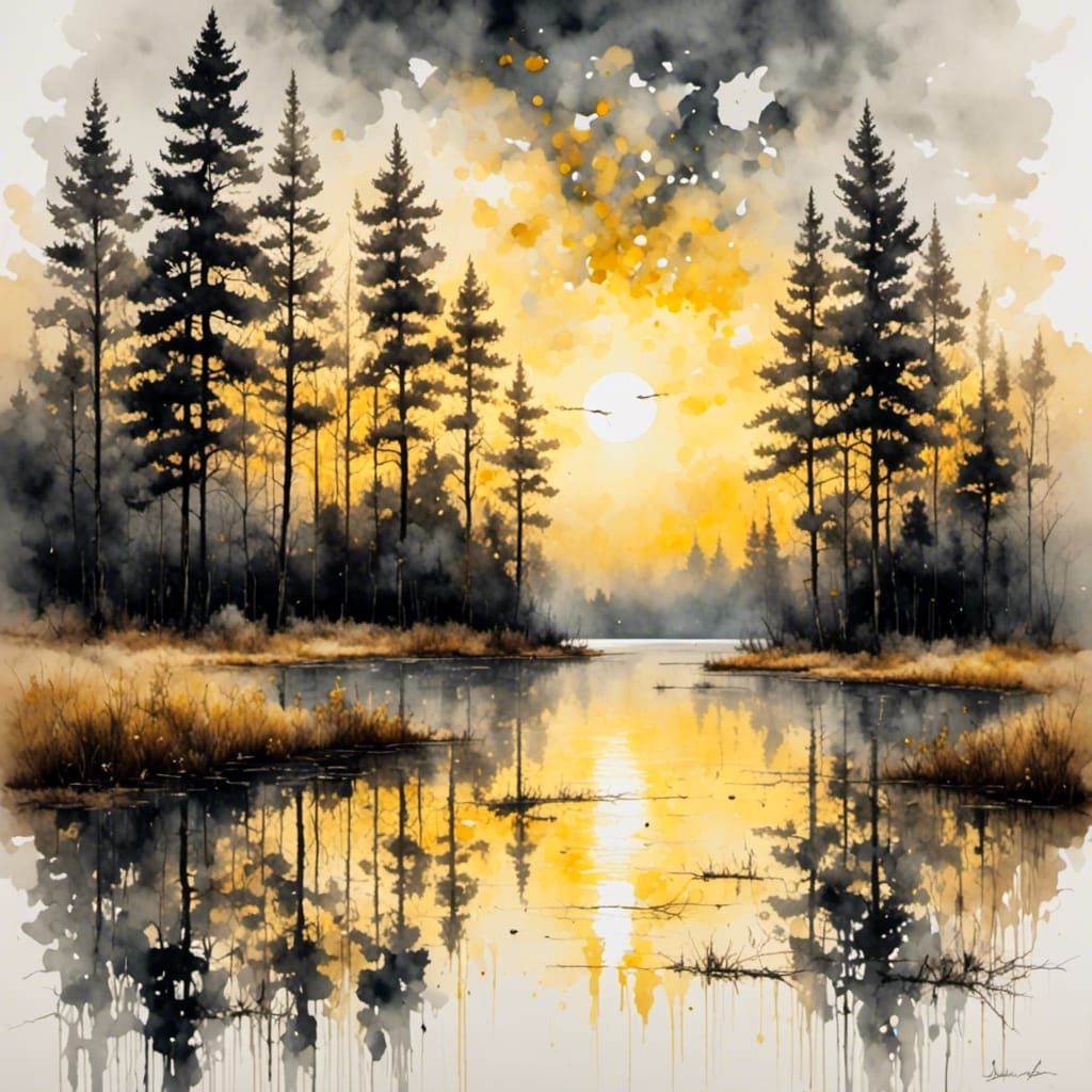 Dawn Over Lake in Antique Watercolor Style