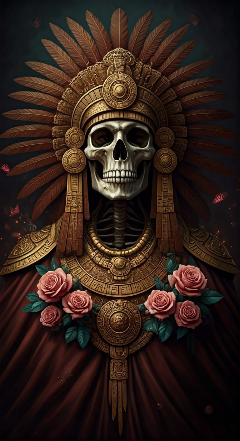 Aztec Skeleton Warrior with Roses, Dark Fantasy Style