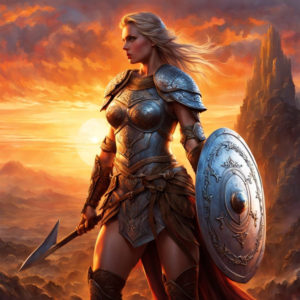 Epic Shield Maiden in Sunset Digital Watercolor