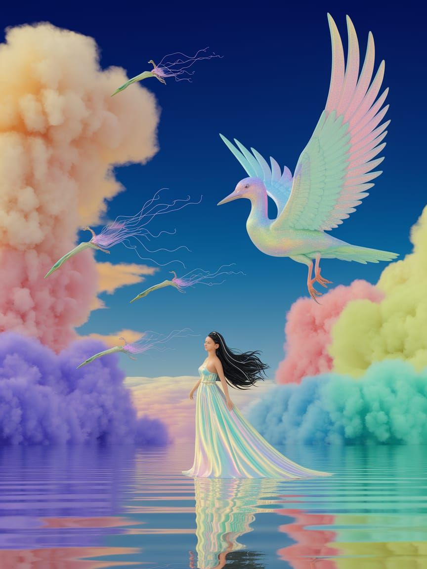 Extreme wide shot, A tiny woman with long black flowing hair, wearing a flowing, iridescent pastel yellow gown stands gr...