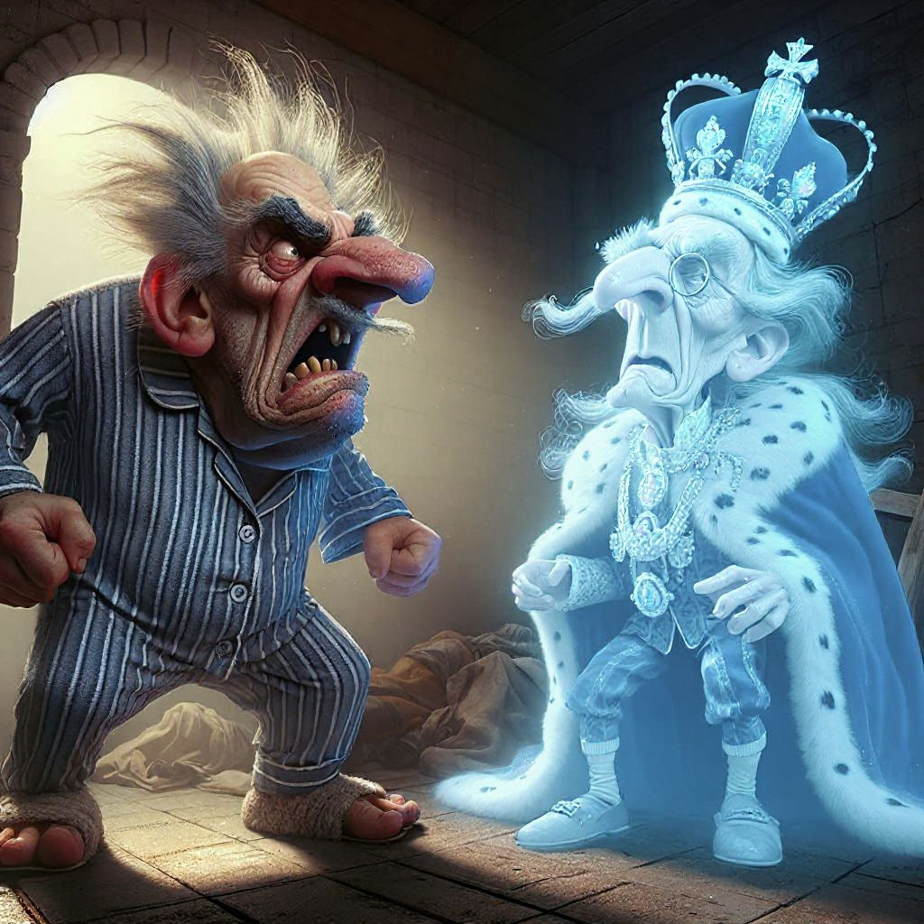 Whimsical Scene of an Old King Cowering