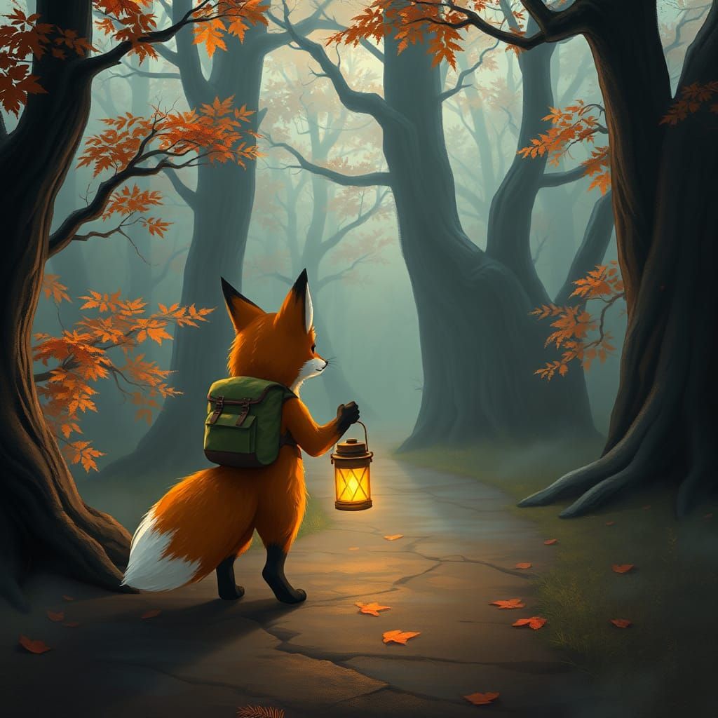 Fox with Lantern in Misty Forest at Dawn