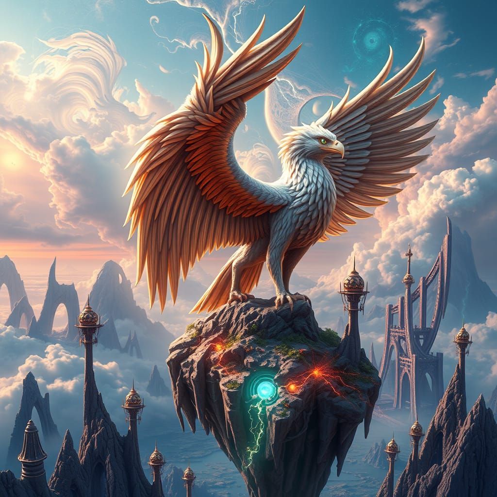 Majestic Griffin Surveys Fractal Landscape in Vibrant Polych...