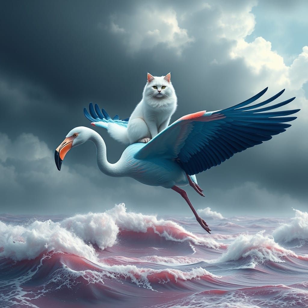 Regal White Cat Soars on Colossal Blue Flamingo Above Turbul...
