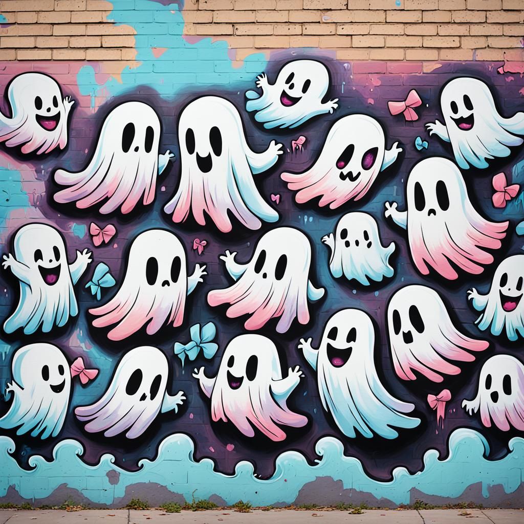 Pastel Ghosts on Brick Wall in Graffiti Style