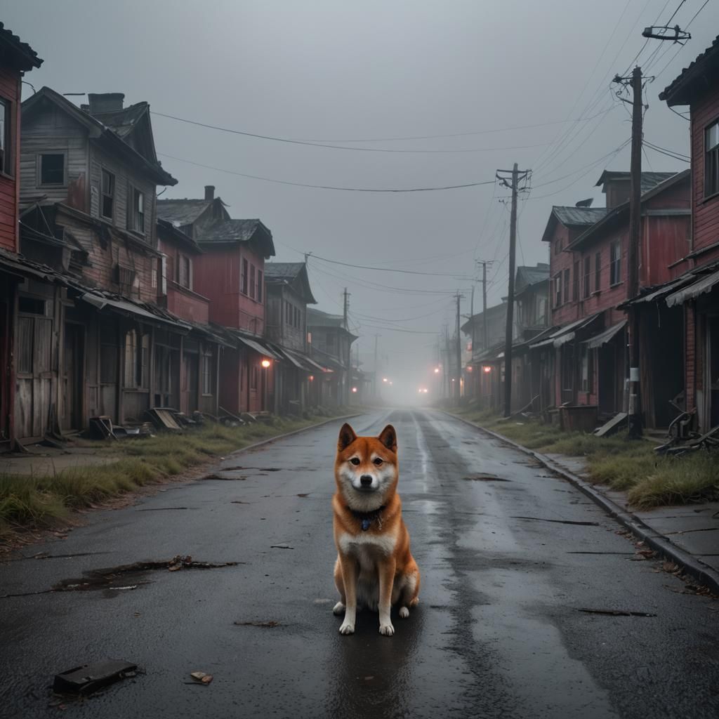 Red Shiba Inu in Abandoned Town: 8K Ultra-Realistic