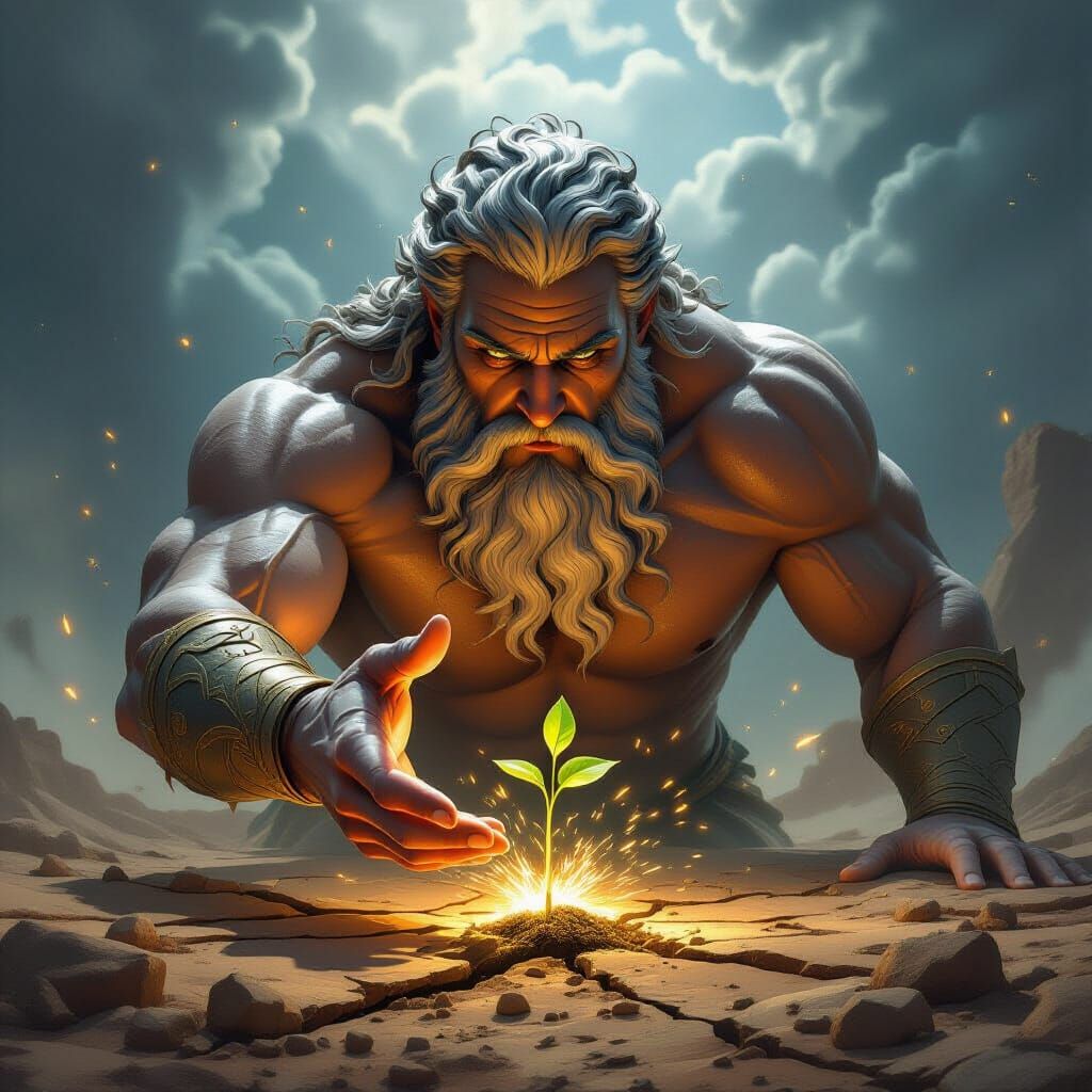 Zeus Nurtures Seedling in Barren Landscape Digital Painting