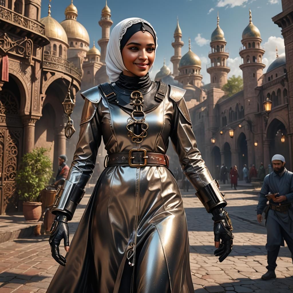 Happy muslim girl in traditional armor dress, Fusion fashion style, Mirage Creed design, belts and ornaments.