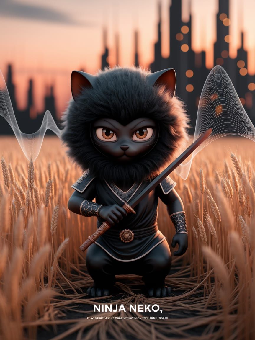 Ninja Neko: Feline Warrior in Golden Wheat Field