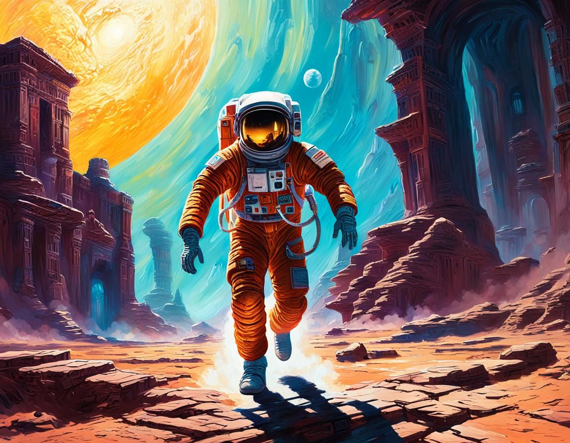 Astronaut's Escape: Sci-Fi Oil Painting