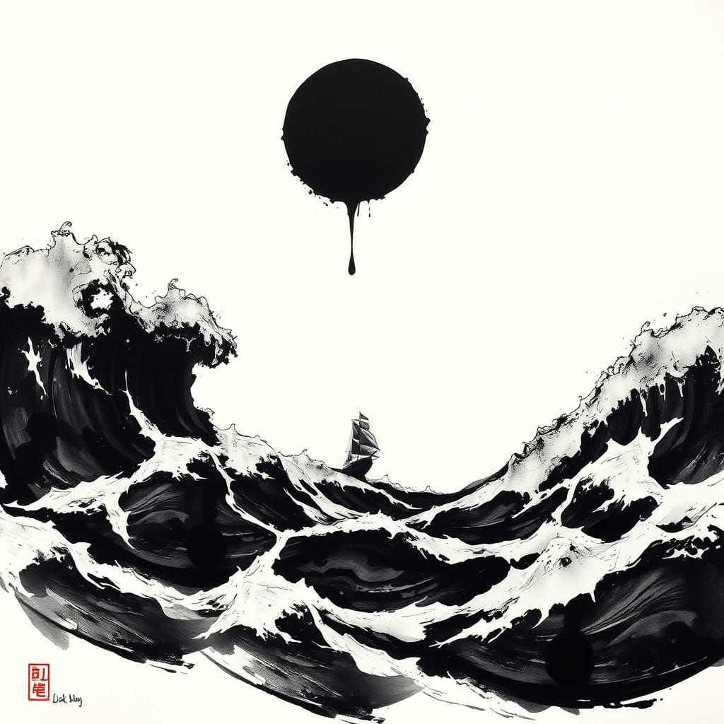 Bold, Expressive Ocean Waves in High-Contrast Ink Drawing