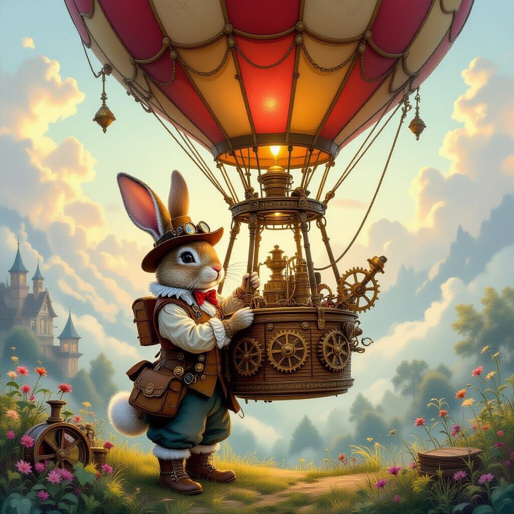Rabbit Inventor of Hot Air Balloon in Dreamy Landscape
