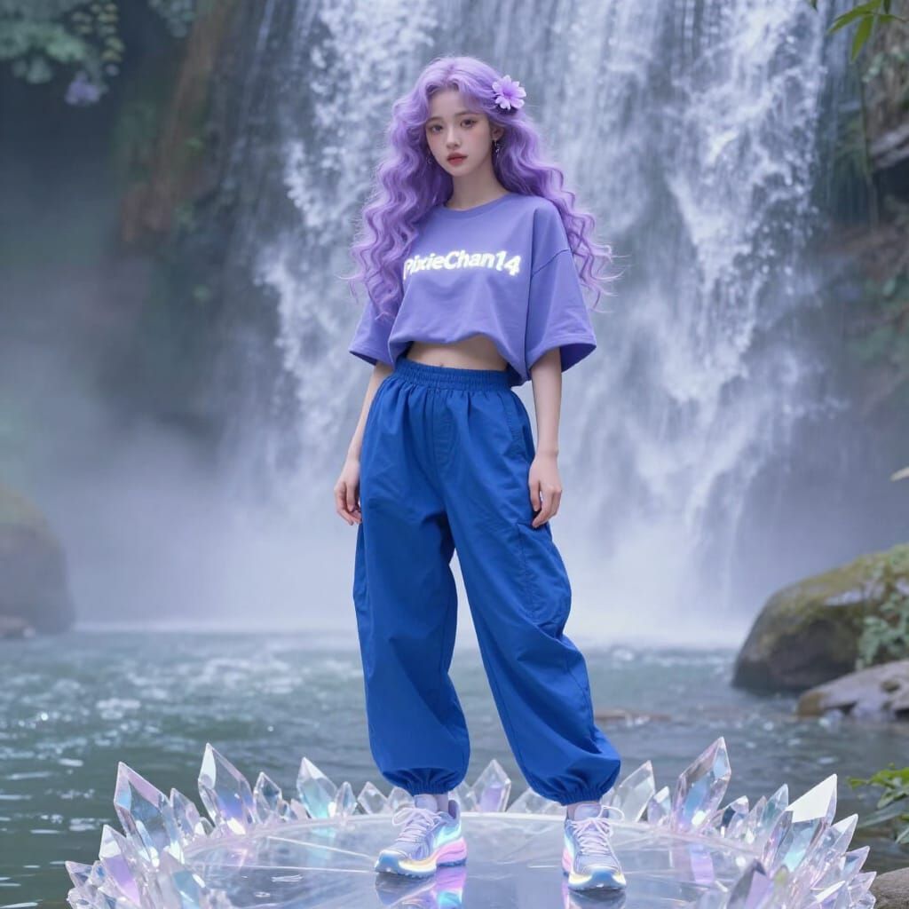 Ethereal Fantasy Lady on Crystal Stage with Waterfall