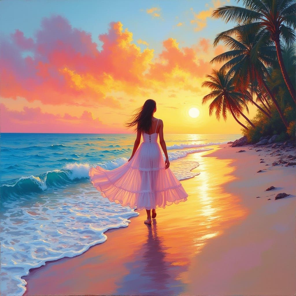 Woman on Beach in Gouache and Watercolor Style