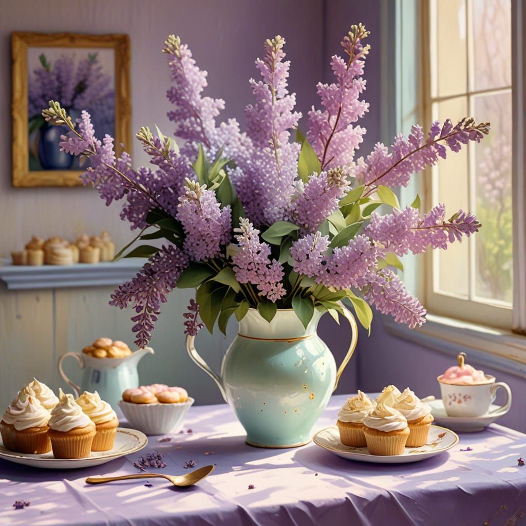 Whimsical Van Gogh-Inspired Lilac Bouquet in Golden Milk Jug