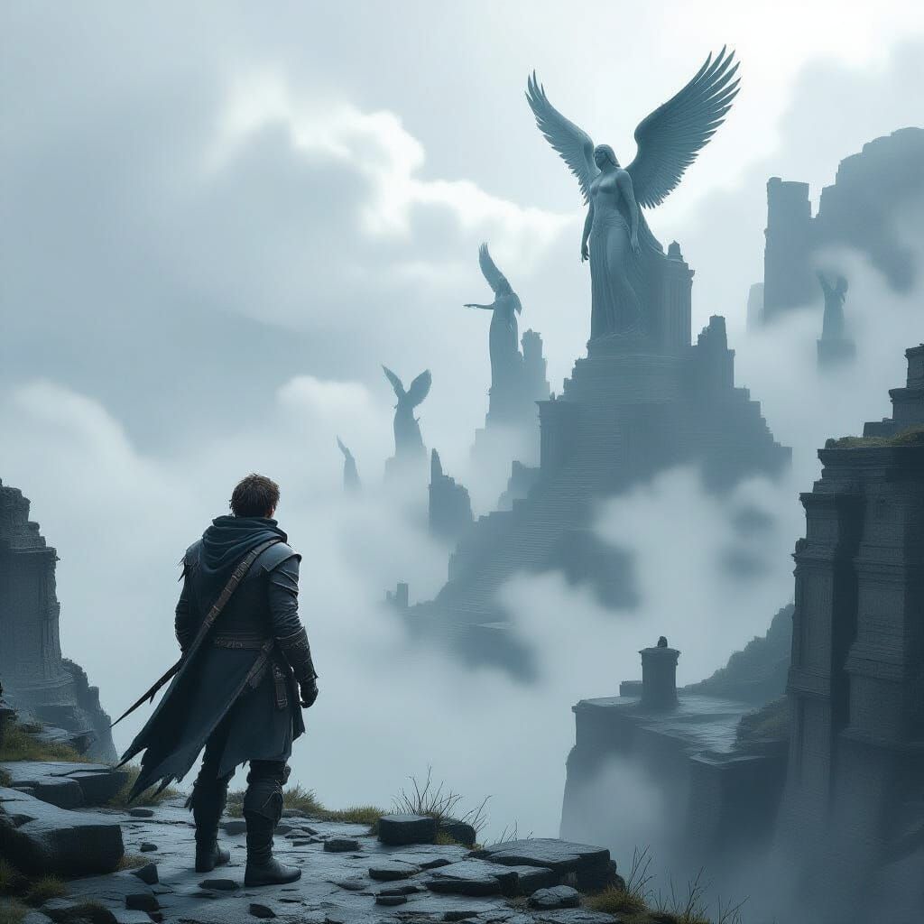 Man Overlooks Misty Ruined City on Windswept Cliff