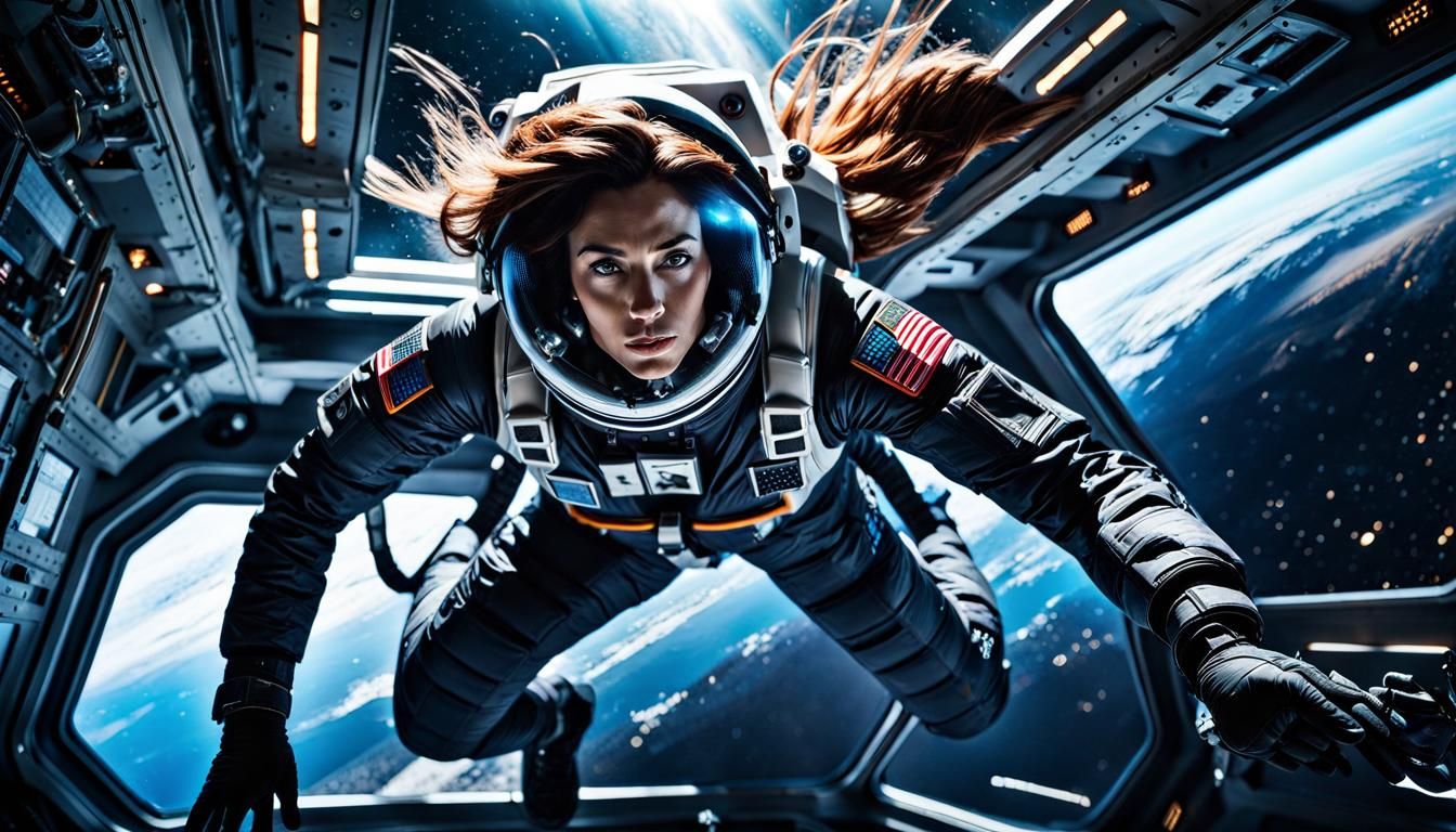 Woman in Jumpsuit in Zero-Gravity Spacecraft