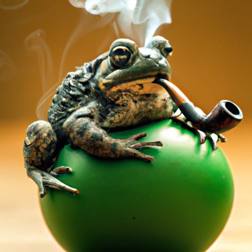 A happy bullfrog smoking a pipe