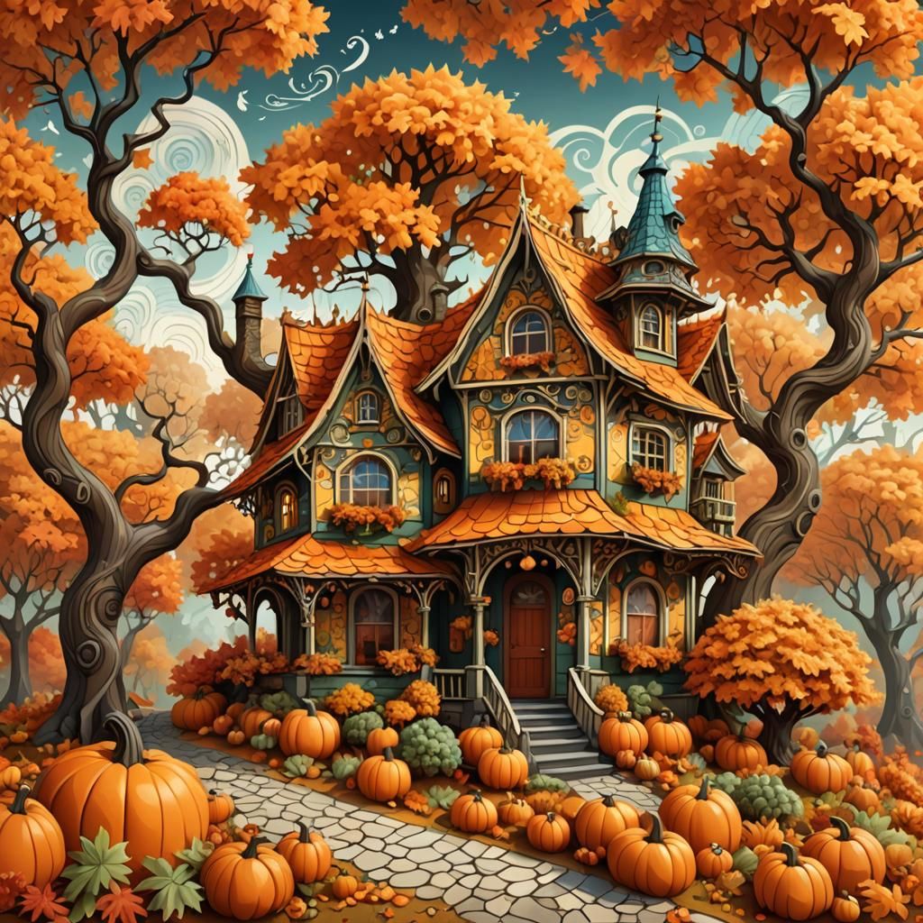 Magical Autumn House Digital Illustration