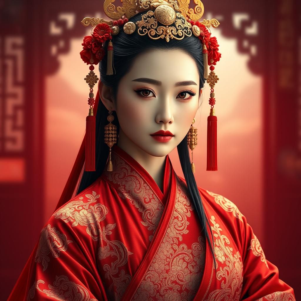 Chinese Maiden in Red Han Dynasty Attire