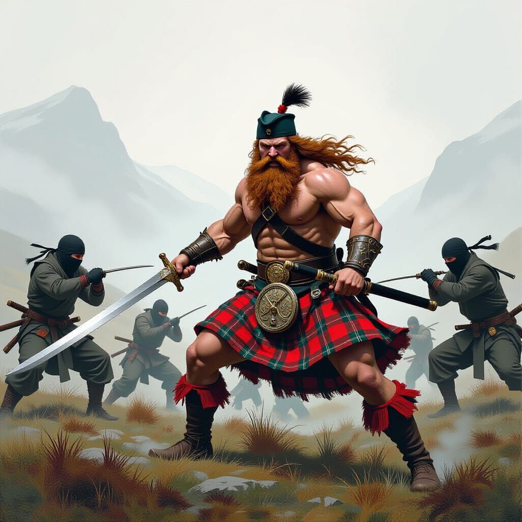 Scottish Warrior Battles Ninjas in Misty Highlands