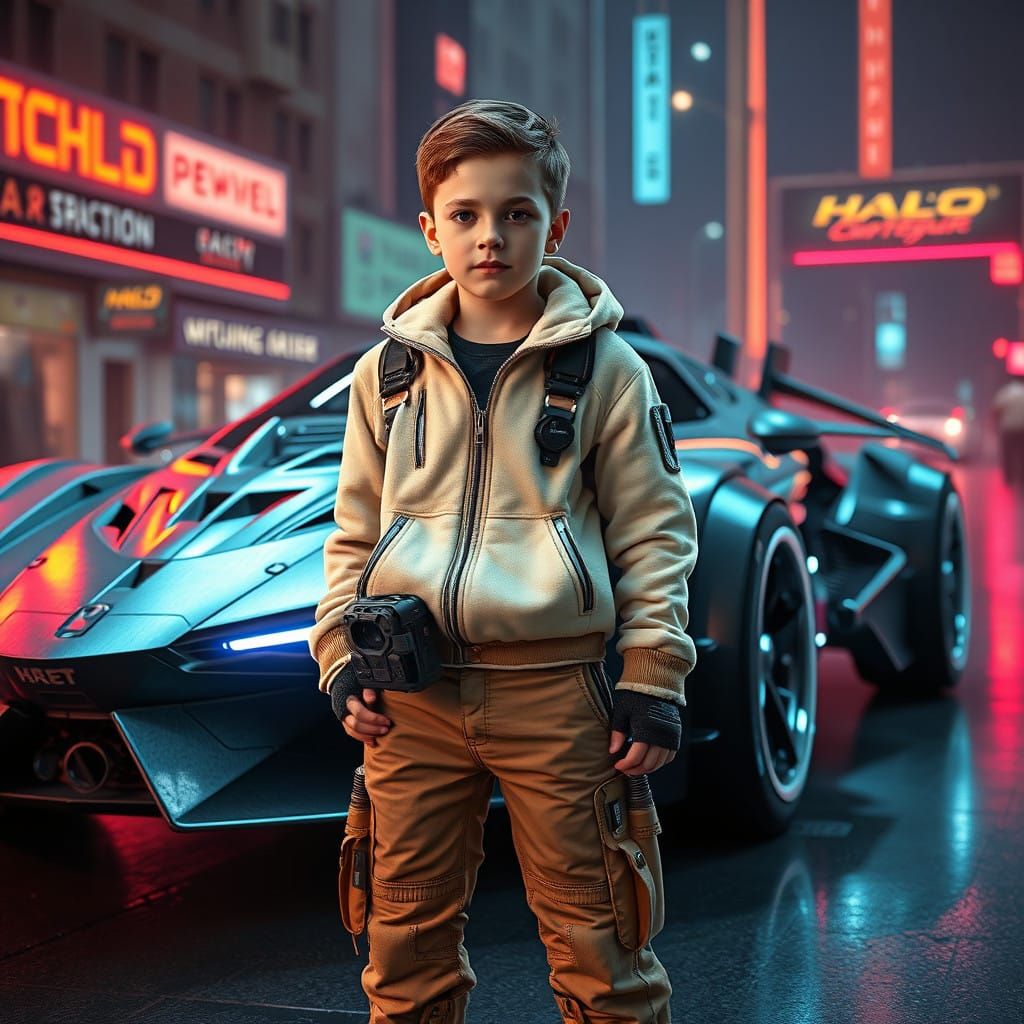 Young Boy Stands Beside Futuristic, High-Tech Flying Car-Spa...