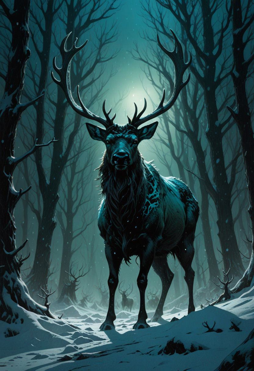 Menacing Reindeer Silhouette in a Blizzard