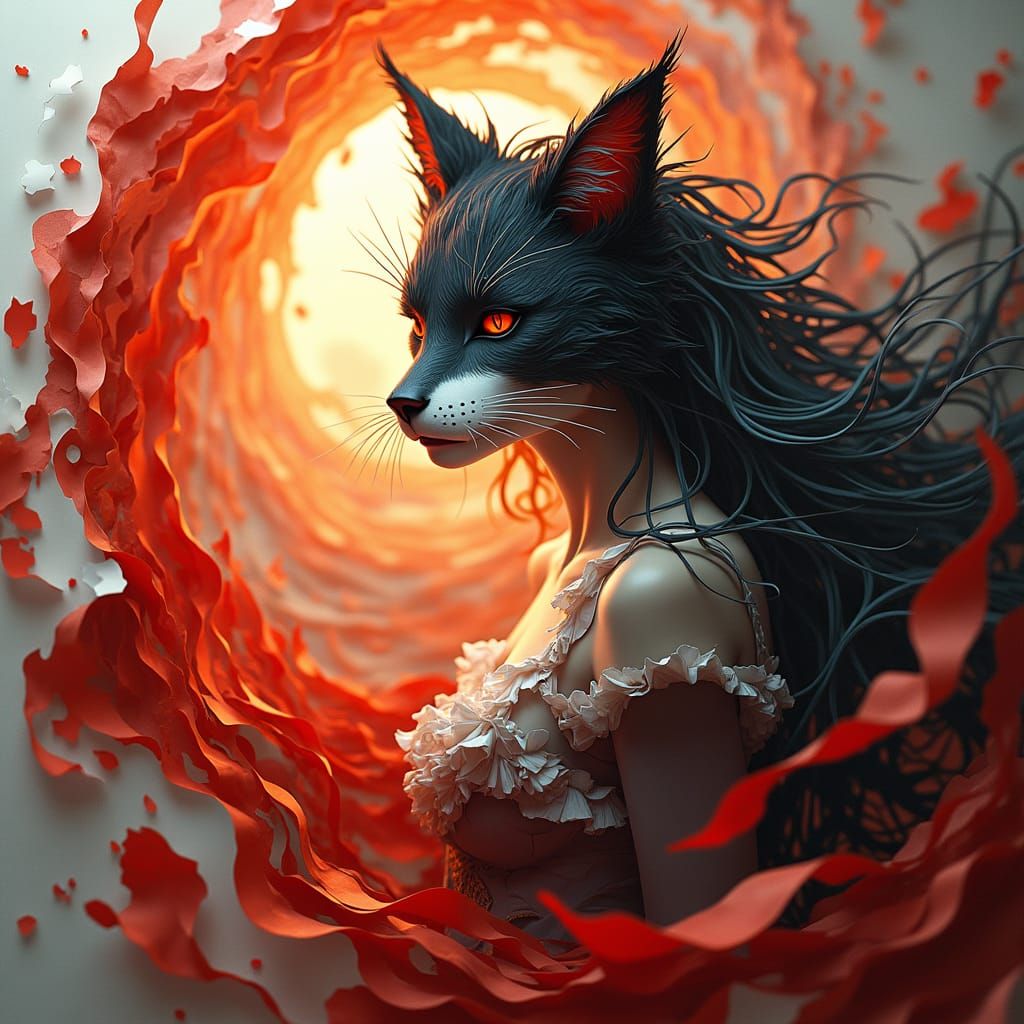 Mystical Catgirl in Layered Paper Art, as Matte Painting