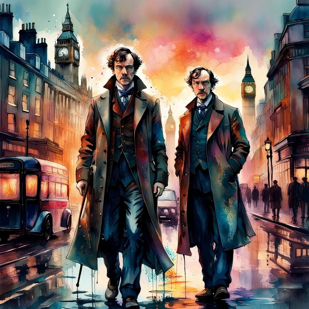 Sherlock Holmes and Watson: Watercolor London Portrait