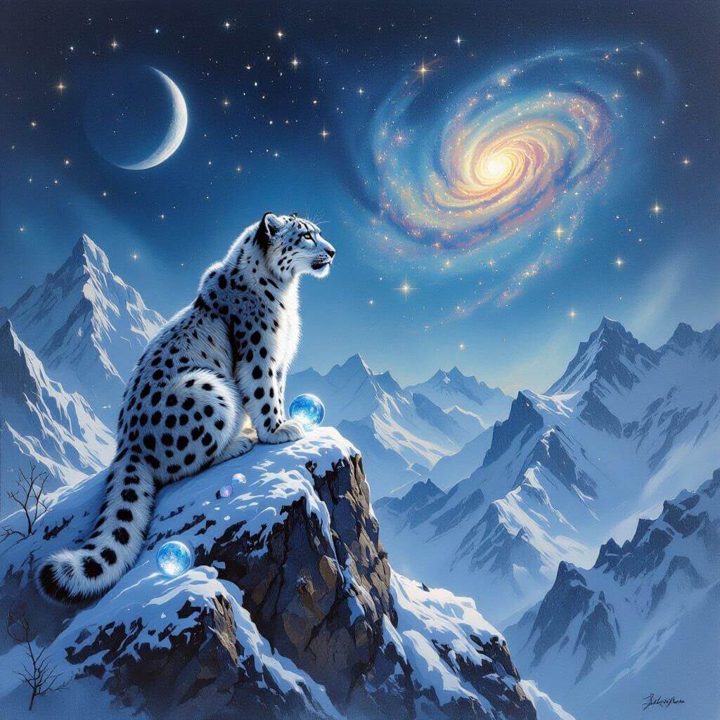 Snow Leopard Gazes at Nebula on Icy Peak
