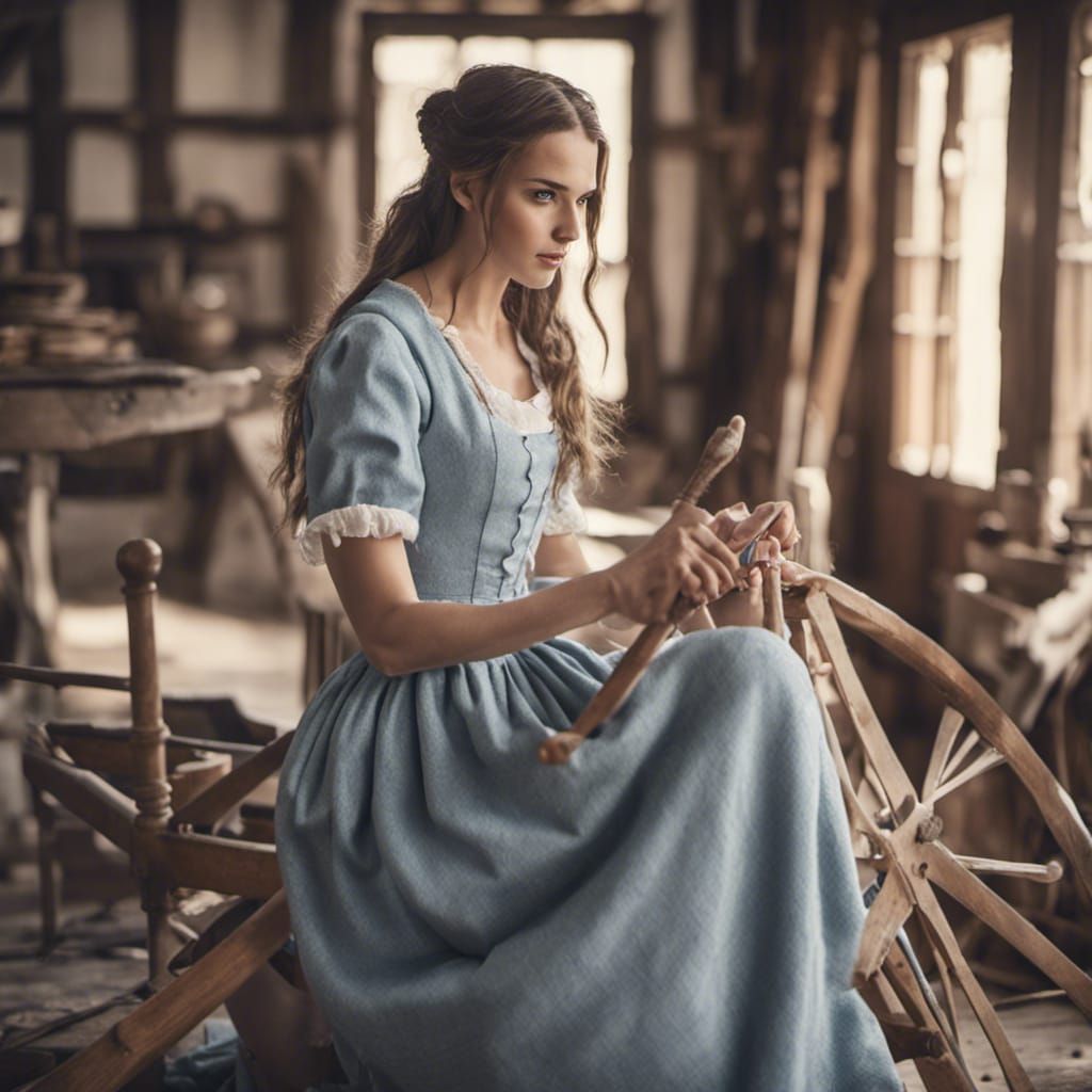 Medieval Woman Spinning Wool in Farmhouse Setting