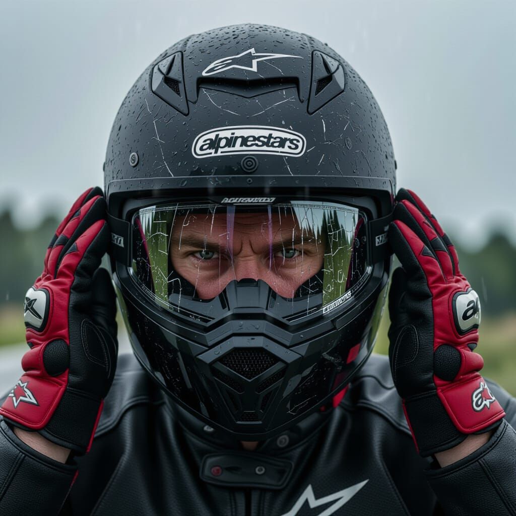 Motorcyclist in Weathered Helmet Against Stormy Sky